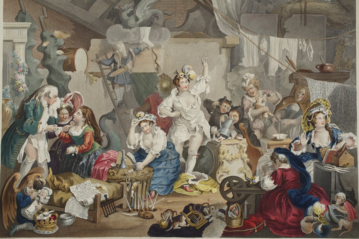 تمشي الممثلات يرتدون في حظيرة ، التوضيح من "Hogarth Restored: The Whole Works of the William William Hogarth الشهير ، الذي أعيد نقشه توماس كوك" ، الحانة. 1812 (نقش يدوي) بواسطة وليام هوغارث