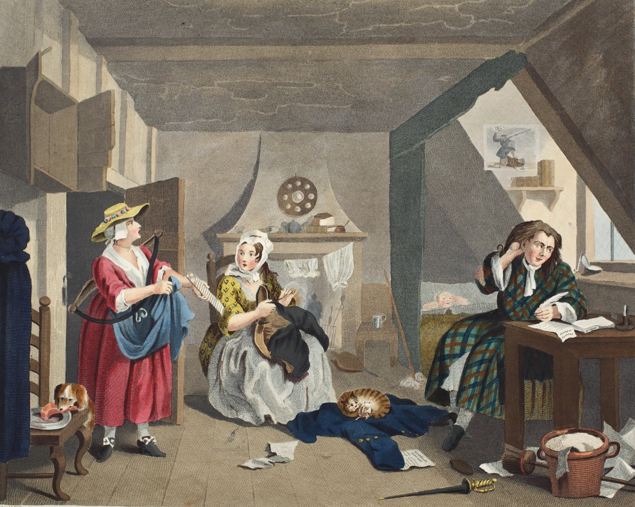 الشاعر المنكوب ، رسم توضيحي من "Hogarth Restored: The Whole Works of the William William Hogarth الشهير ، الذي نقشه توماس كوك" ، الحانة. 1812 (نقش يدوي) بواسطة وليام هوغارث