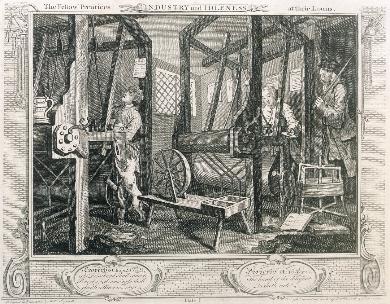 "Prentices at the Looms الخاصة بهم ، اللوحة الأولى من" الصناعة والكسل "، المنشورة عام 1833 (نقش) بواسطة وليام هوغارث
