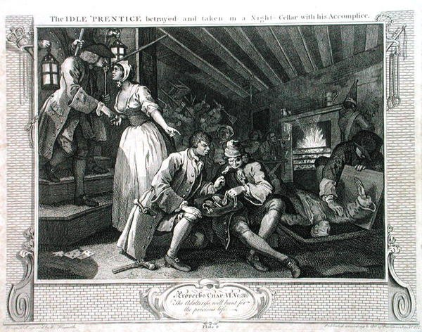 الخمول 'Prentice التي خانتها عاهرة ، اللوحة التاسعة من' الصناعة والبطالة '، نُشرت عام 1833 (نقش) بواسطة وليام هوغارث