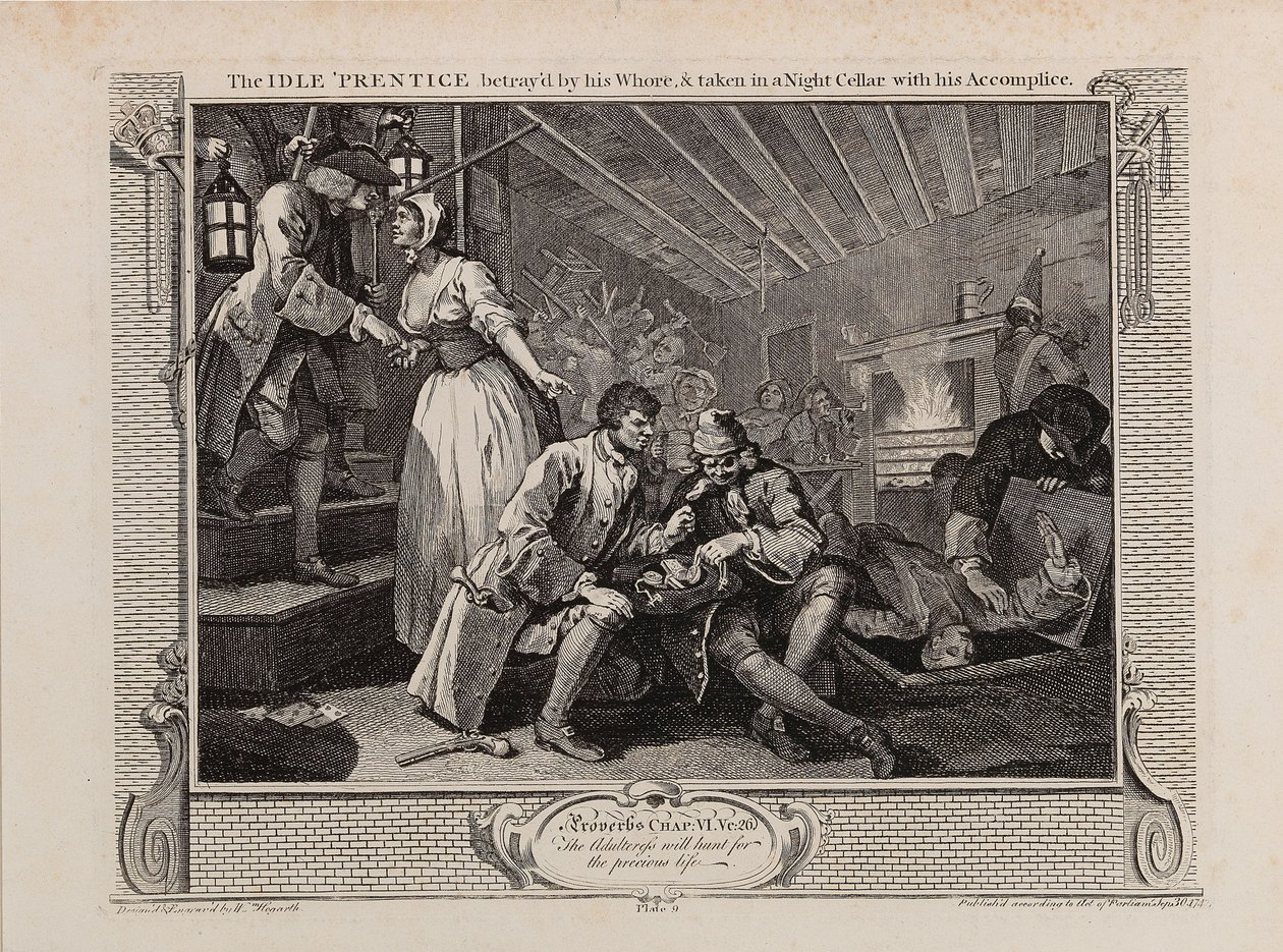 The Idle 'Prentice الذي تعرض للخيانة من قبل عاهره وأخذ في قبو ليلي مع شركائه ، 1747. بواسطة وليام هوغارث