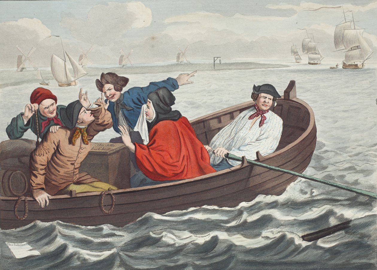 The Idle &39;Prentice Turned Away أُرسل إلى البحر ، اللوحة V من&39; Industry and Idleness &39;، رسم توضيحي من "Hogarth Restored: The Whole Works of the Celebrated William William Hogarth ، re-engraved by Thomas Cook" ، بواسطة وليام هوغارث