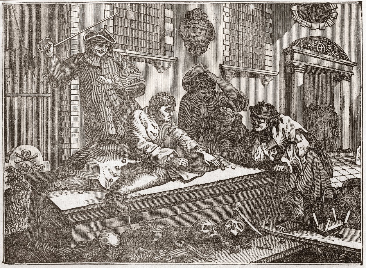 The Idle 'Prentice at Play in the Church Yard، أثناء الخدمة الإلهية - لوحة من سلسلة من 12 نقشًا لوليام هوغارث (1697-1764) ، الرسام البريطاني ، بعنوان "الصناعة والكسل" ، "The Zele and the Laziness" ، يروي وظائف اثنين أ بواسطة وليام هوغارث