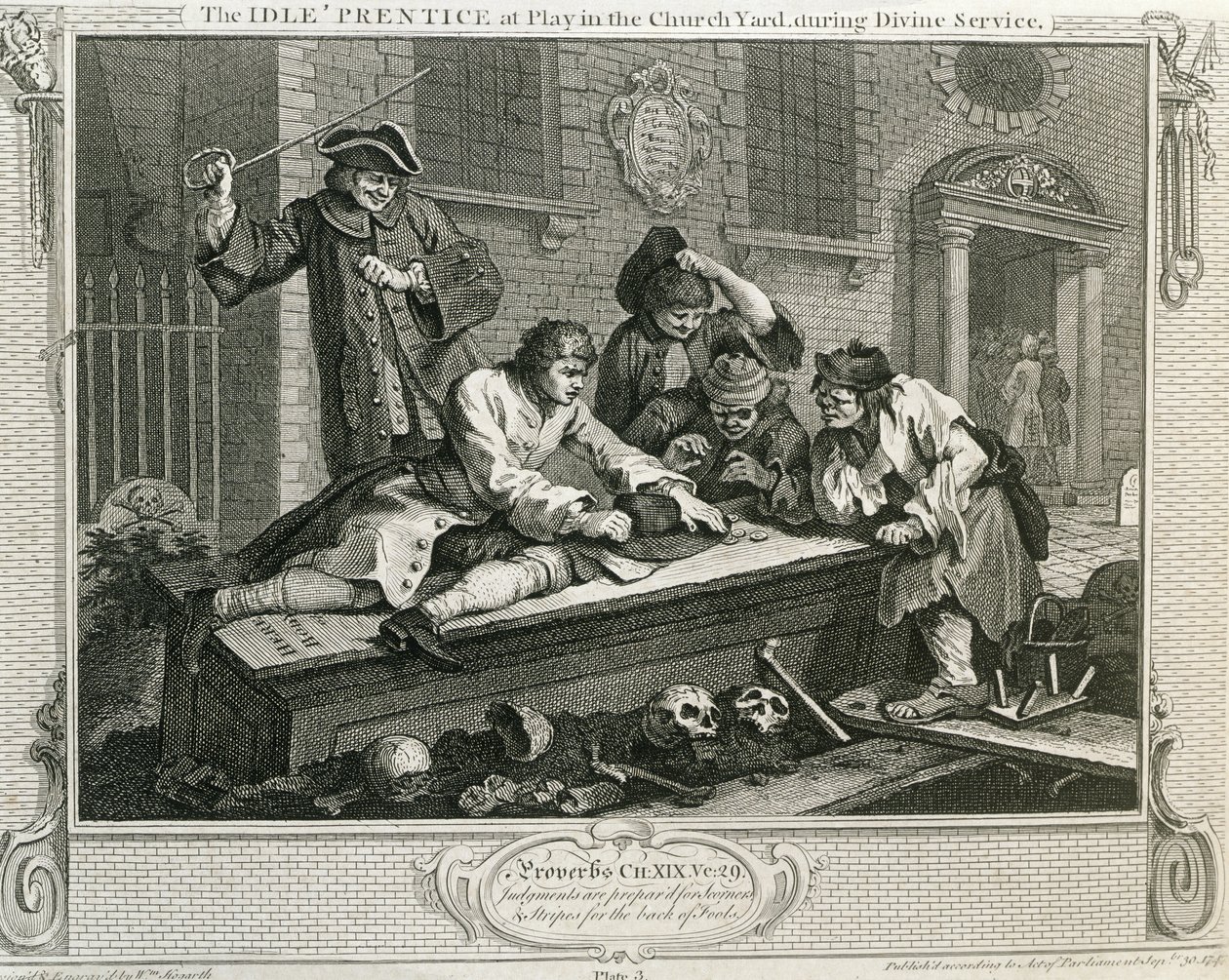 The Idle &39;Prentice at Play in Church Yard أثناء الخدمة الإلهية ، اللوحة الثالثة من "الصناعة والبطالة" ، تم نشرها عام 1833 بواسطة وليام هوغارث