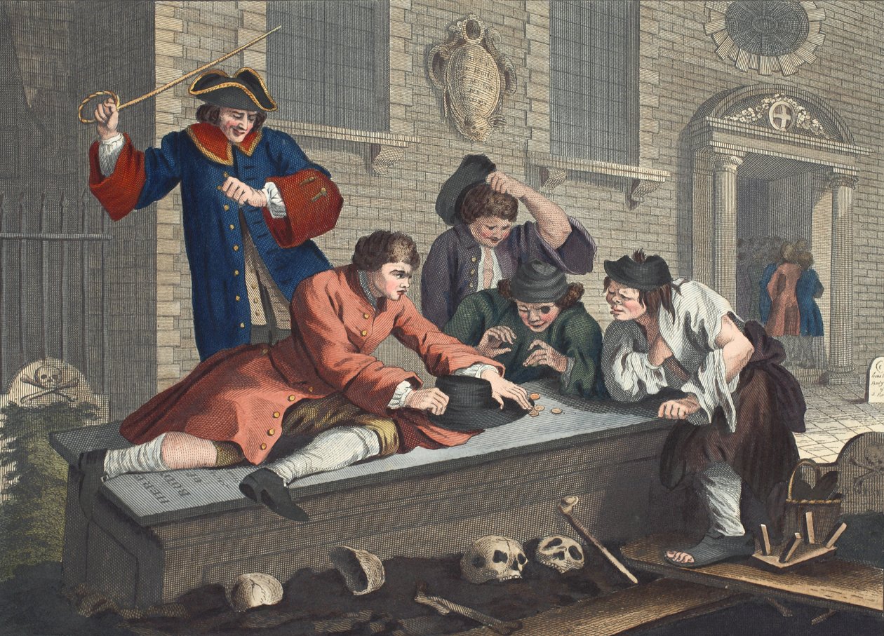 The Idle &39;Prentice at Play in Church Yard أثناء الخدمة الإلهية ، اللوحة الثالثة من "الصناعة والبطالة ، توضيح من" Hogarth Restored: الأعمال الكاملة للويليام هوغارث الشهير ، re-eng بواسطة وليام هوغارث