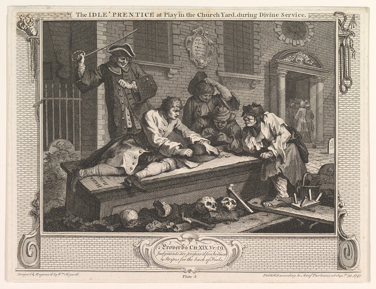 The Idle Prentice at Play in Church Yard Industry and Idleness، لوحة 3 ، 30 سبتمبر 1747. بواسطة وليام هوغارث