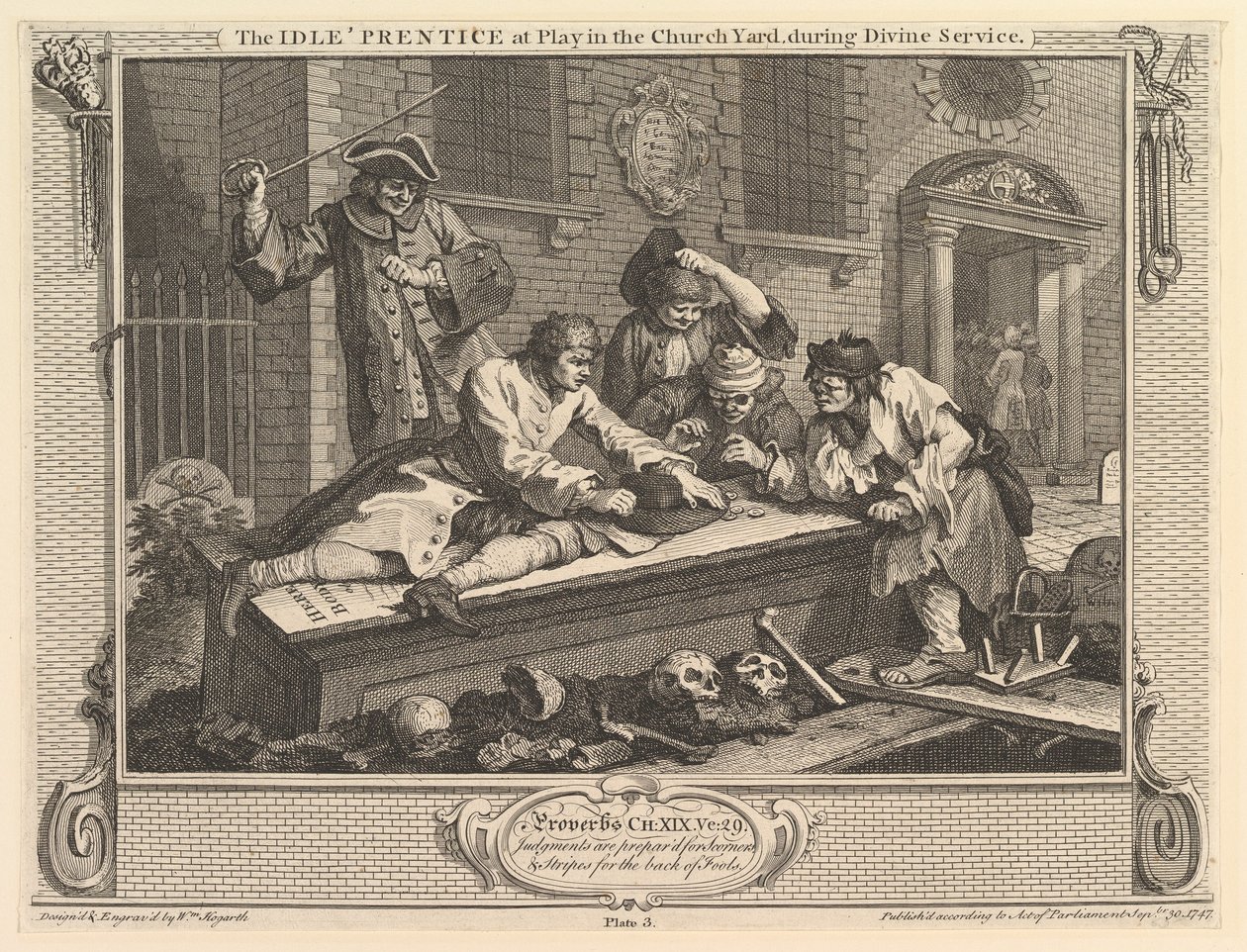 The Idle Prentice at Play in Churchyard: Industry and Idleness، plate 3، September 30، 1747. بواسطة وليام هوغارث