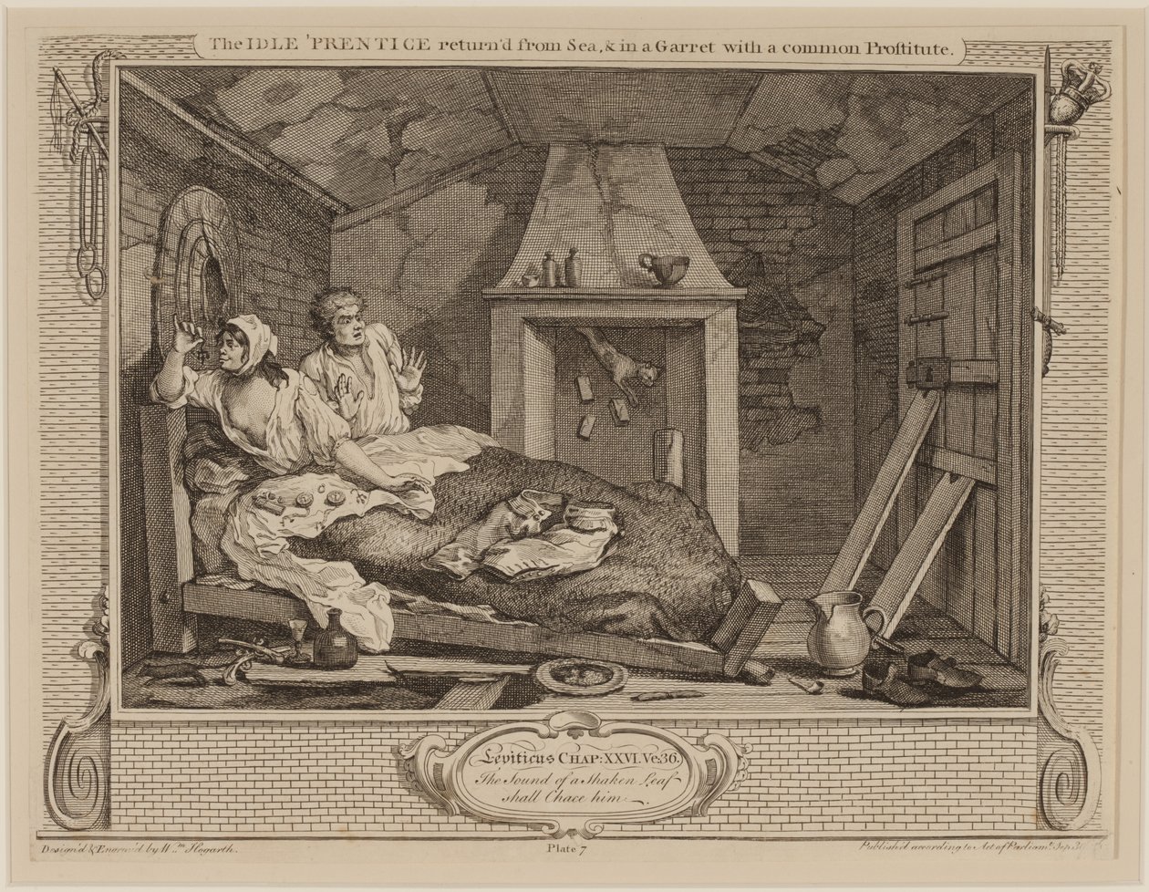 عادت The Idle &39;Prentice من البحر وفي Garret مع عاهرة مشتركة ، من سلسلة "Industry and Idleness" ، أكتوبر 1747 (الحفر والنقش) بواسطة وليام هوغارث