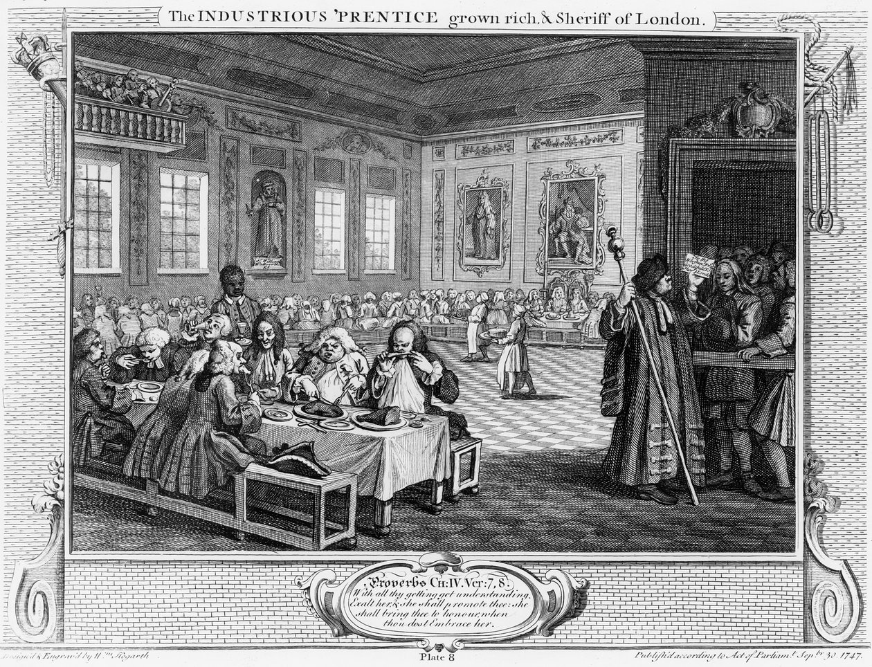The Prustice Grown Rich ، و Sheriff of London ، اللوحة الثامنة من "الصناعة والبطالة" ، 1747 بواسطة وليام هوغارث