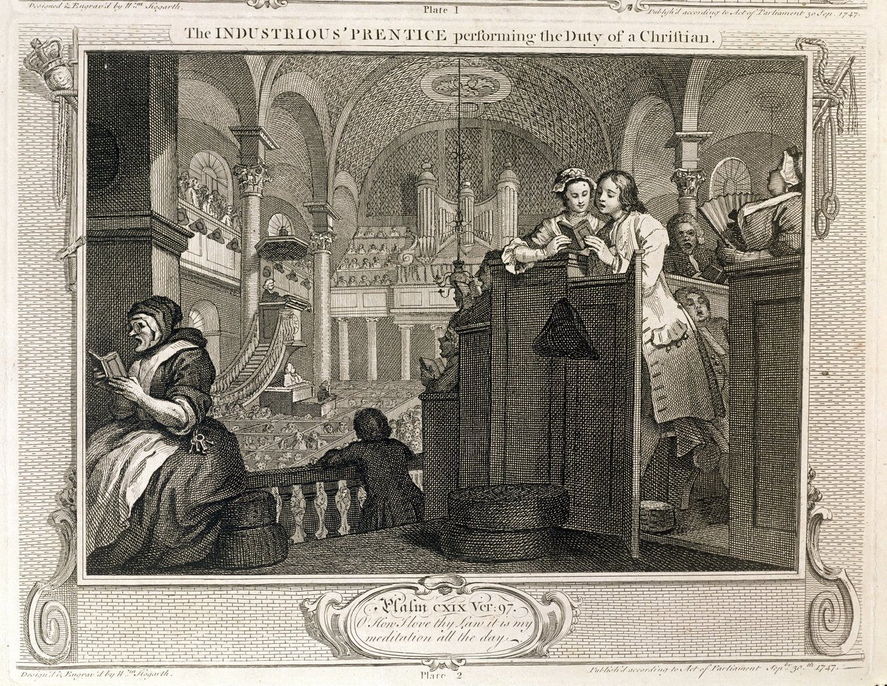 The Prustice `` Prentice يقوم بواجب مسيحي ، اللوحة الثانية من &39;Industry and Idleness&39; ، تم نشرها عام 1833 بواسطة وليام هوغارث