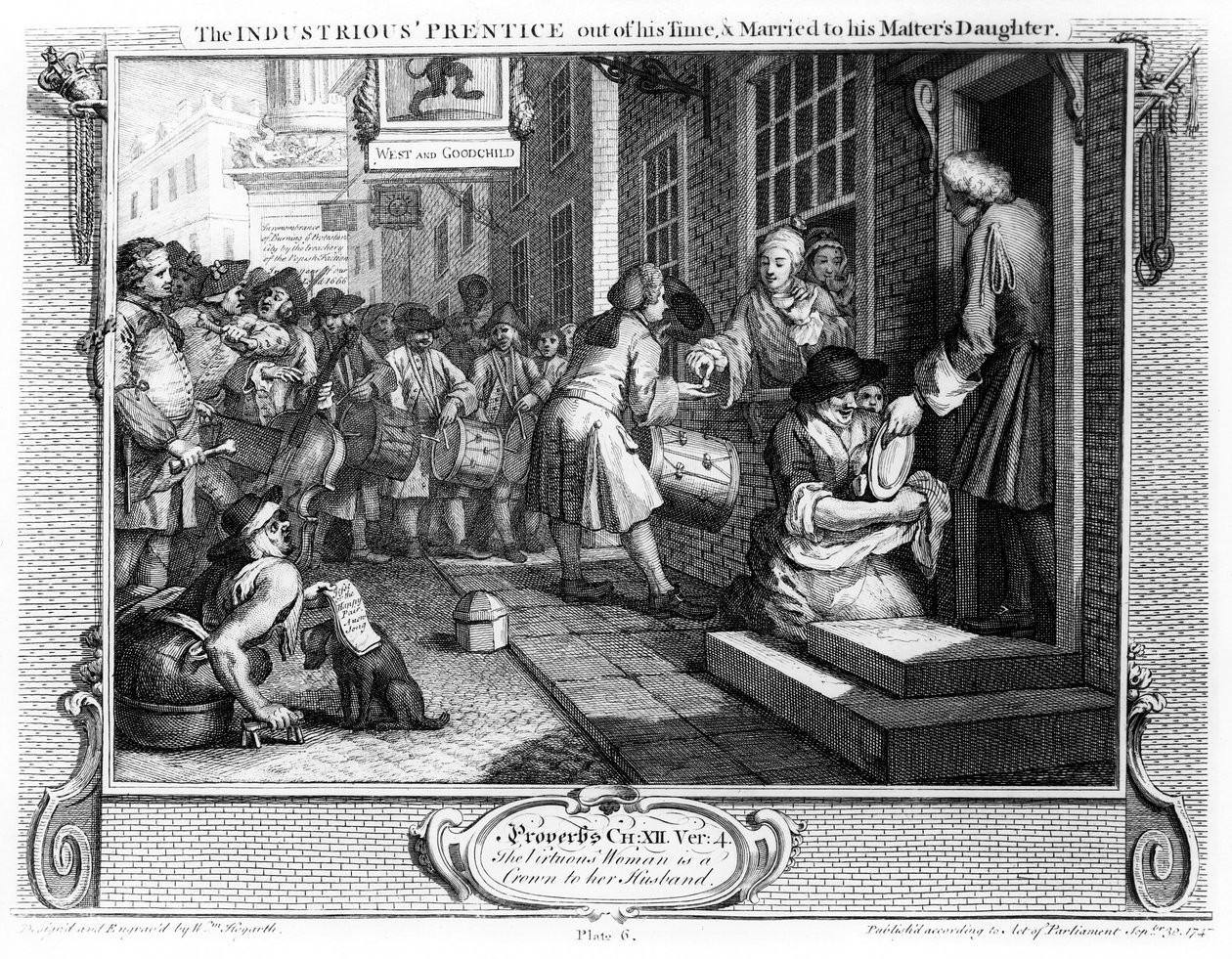 المجتهد &39;Prentice من وقته وتزوج من ابنة سيده ، اللوحة السادسة من&39; الصناعة والبطالة &39;، 1747 بواسطة وليام هوغارث