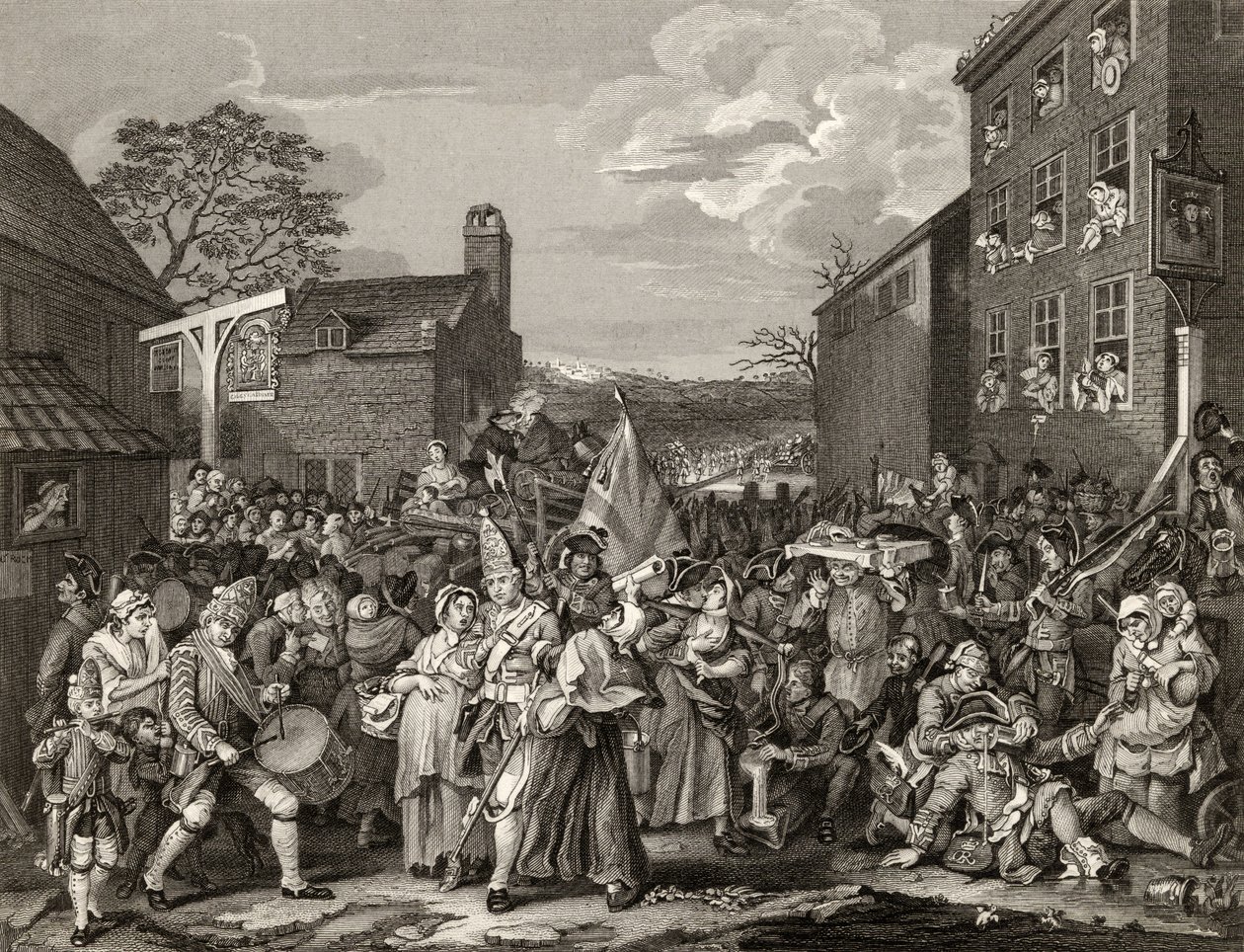 مسيرة إلى فينشلي ، نقشها تي إي نيكلسون ، من "أعمال هوغارث" ، نُشر عام 1833 بواسطة وليام هوغارث