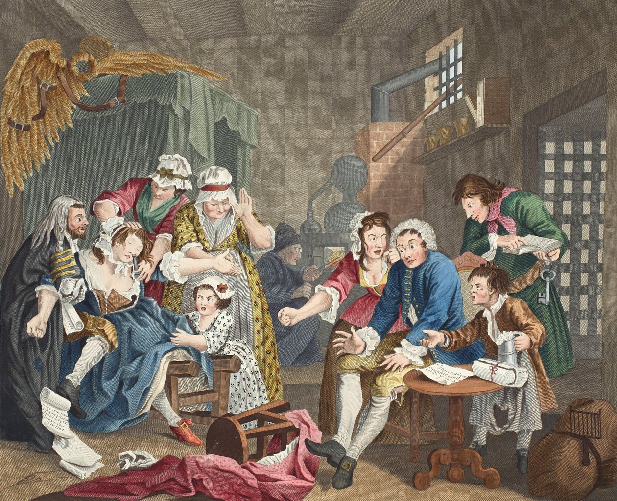 The Rake in Prison ، اللوحة السابعة ، من "A Rake&39;s Progress" ، صورة توضيحية من "Hogarth Restored: The Whole Works of the William Hogarth الشهير ، أعيد نقشه توماس كوك" ، الحانة. 1812 (ملونة باليد هـ بواسطة وليام هوغارث
