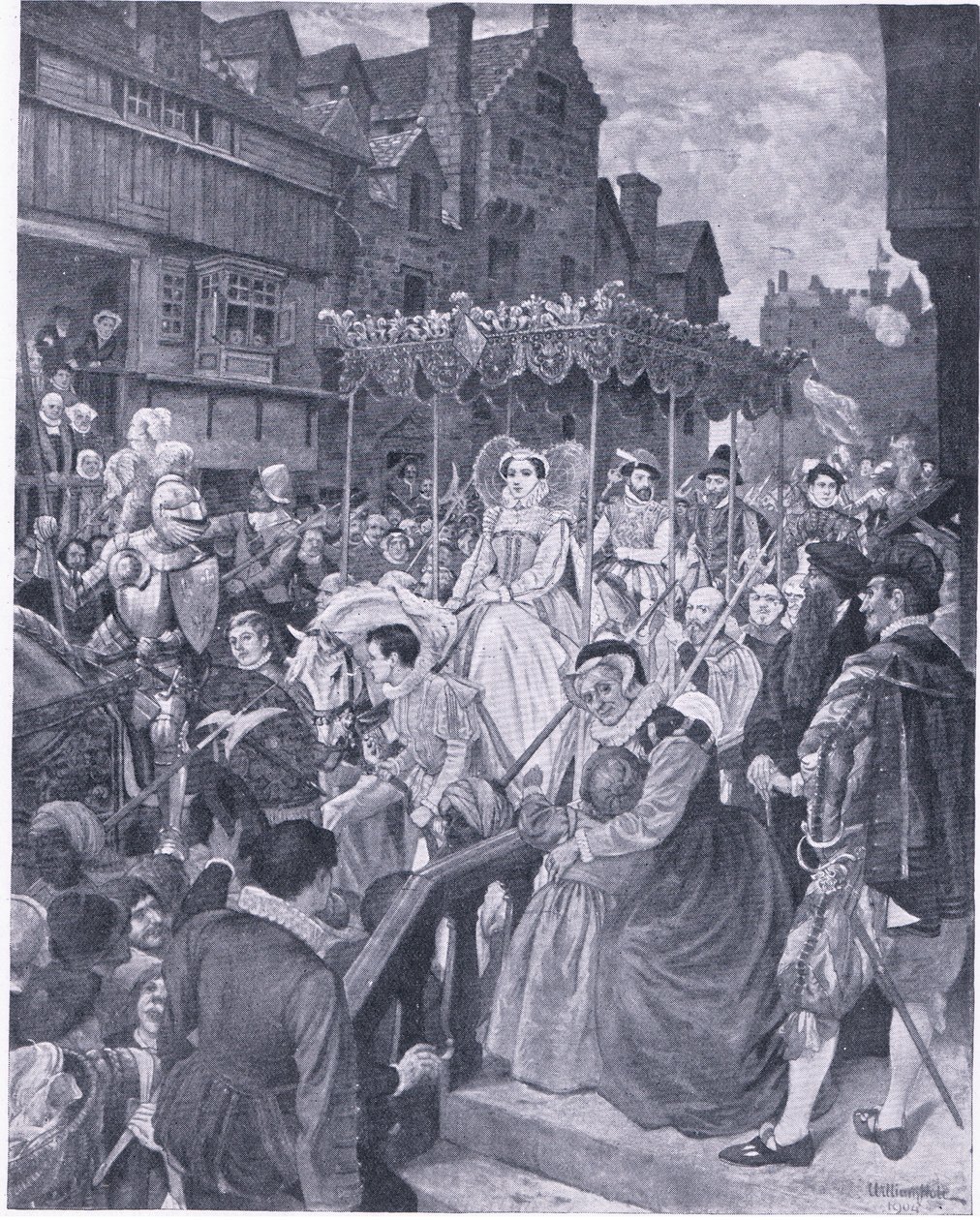 دخول الدولة للملكة ماري إلى إدنبرة 1561 ، من Cassells History of the British People الذي نشرته Waverley Book Company ، حوالي 1950 (litho) بواسطة وليام هول