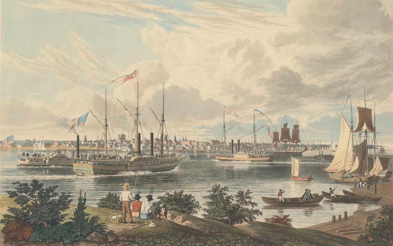 مدينة ديترويت ، ميشيغان: مأخوذة من كندا شور بالقرب من فيري ، نُشرت عام 1837. بواسطة وليام جيمس بينيت