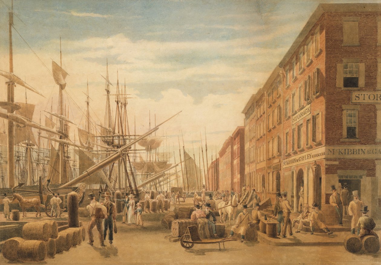 منظر لشارع الجنوب ، من Maiden Lane ، مدينة نيويورك ، كاليفورنيا. 1827. بواسطة وليام جيمس بينيت