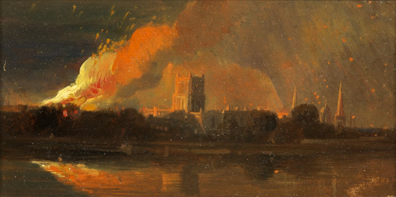 أعمال شغب بريستول: حرق قصر الأسقف ، حوالي 1831 (زيت على ورق) بواسطة وليام جيمس مولر