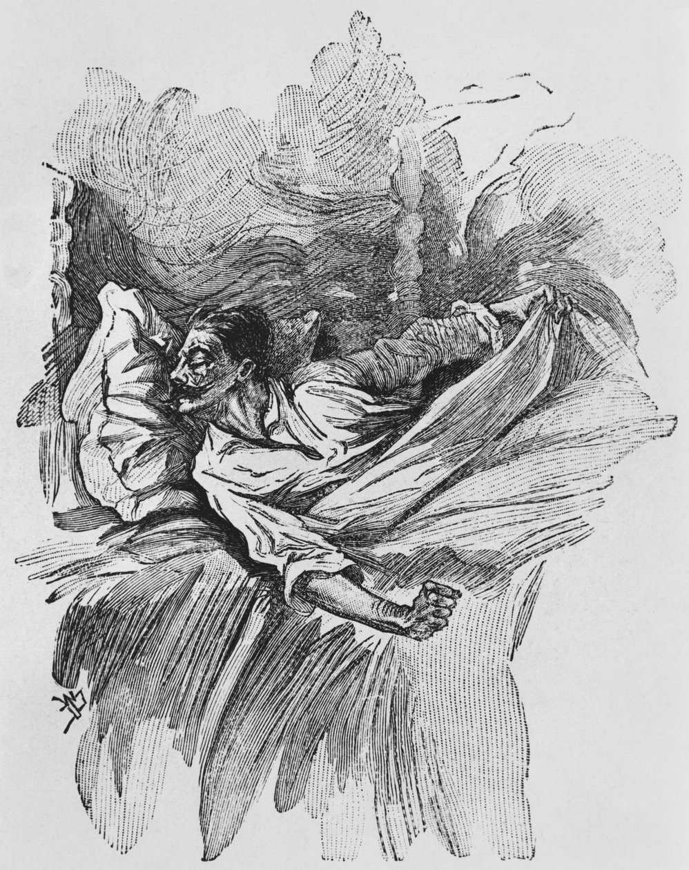 كابوس ، رسم توضيحي من "لو هورلا" بقلم غي دي موباسانت (1850-1893) نقشه جورج ليموين ، باريس ، طبعات ألبين ميشيل ، ج .1910 (نقش الخشب) بواسطة وليام جوليان دمازي