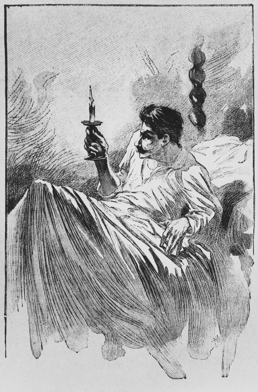 الراوي في السرير ، التوضيح من "لو هورلا" بقلم غي دي موباسانت (1850-1893) الذي نقشه جورج ليموين ، باريس ، طبعات ألبين ميشيل ، ج .1910 (نقش الخشب) بواسطة وليام جوليان دمازي
