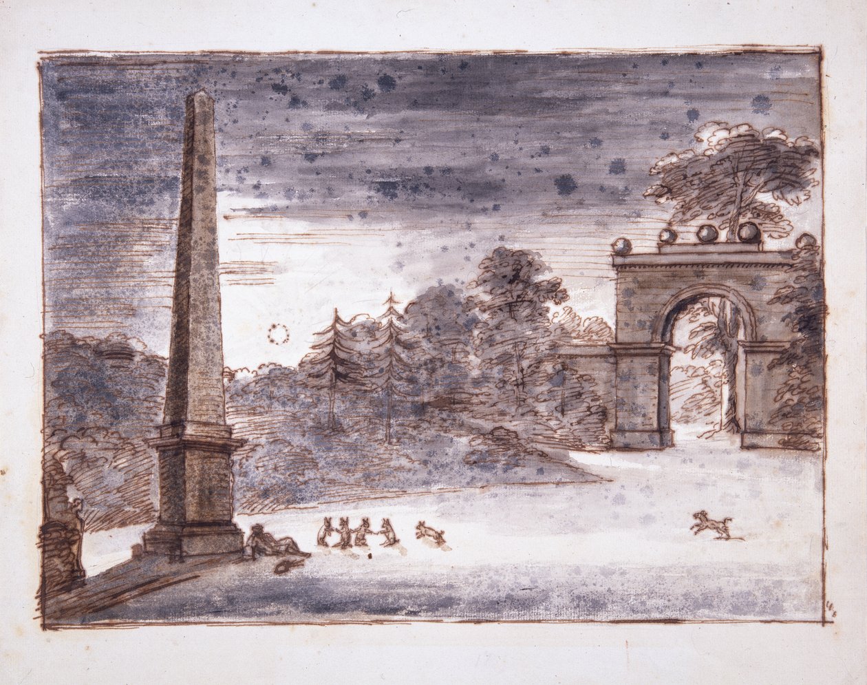 Chiswick, the Burlington Lane Gate and the Obelisk in the moonlight with Kent sitting by the Obelisk dreaming, and with rabbits at play, c.1732 (pen & ink and wash on paper) بواسطة وليام كينت