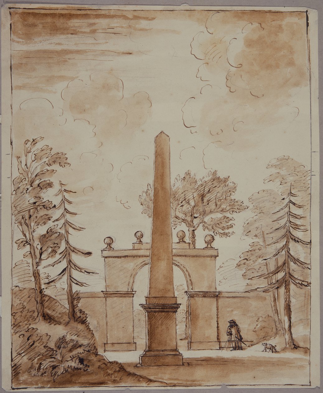 Chiswick, view of the Burlington Lane Gate, the Obelisk in the foreground, and Kent with dog (pen & ink and wash on paper) بواسطة وليام كينت