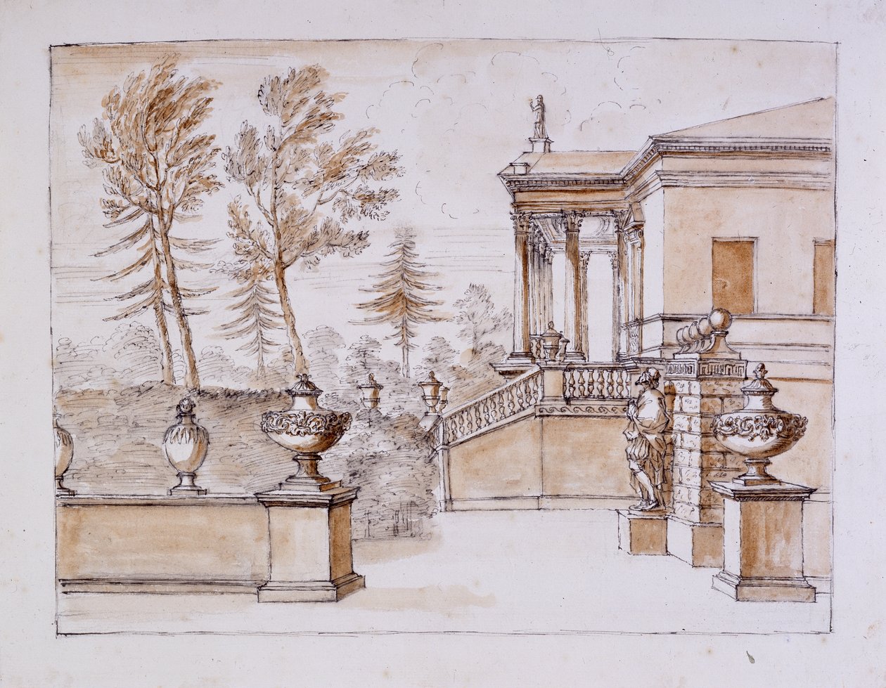 Chiswick, view of the Villa on the Inigo Jones statue side (pen & ink and wash over pencil on paper) بواسطة وليام كينت