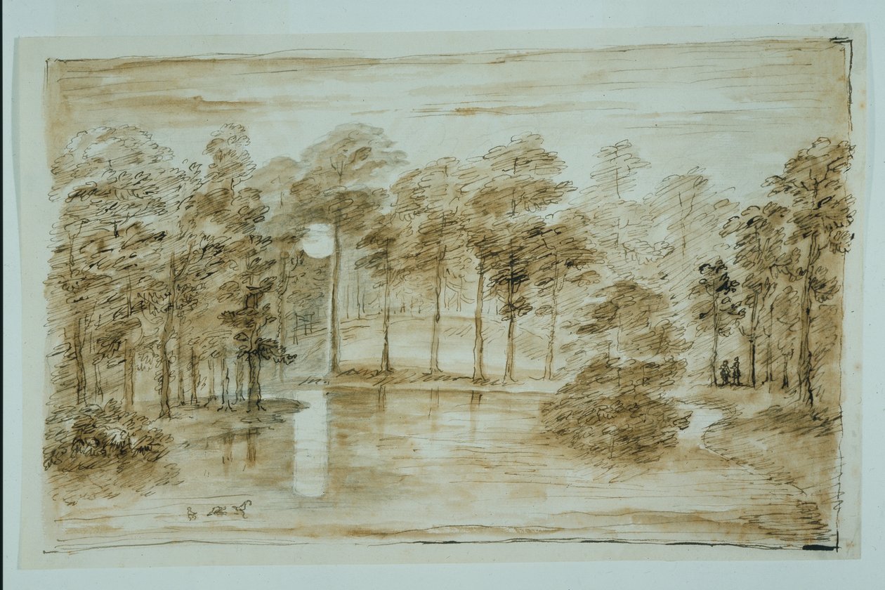 Design for the woodland water garden, seen in the moonlight (pen & ink and wash over pencil on paper) بواسطة وليام كينت