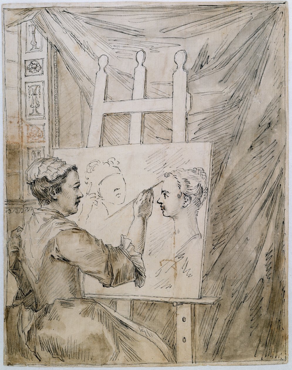 Lady Burlington at her easel in her Garden Room (pen & ink and pencil on paper) بواسطة وليام كينت