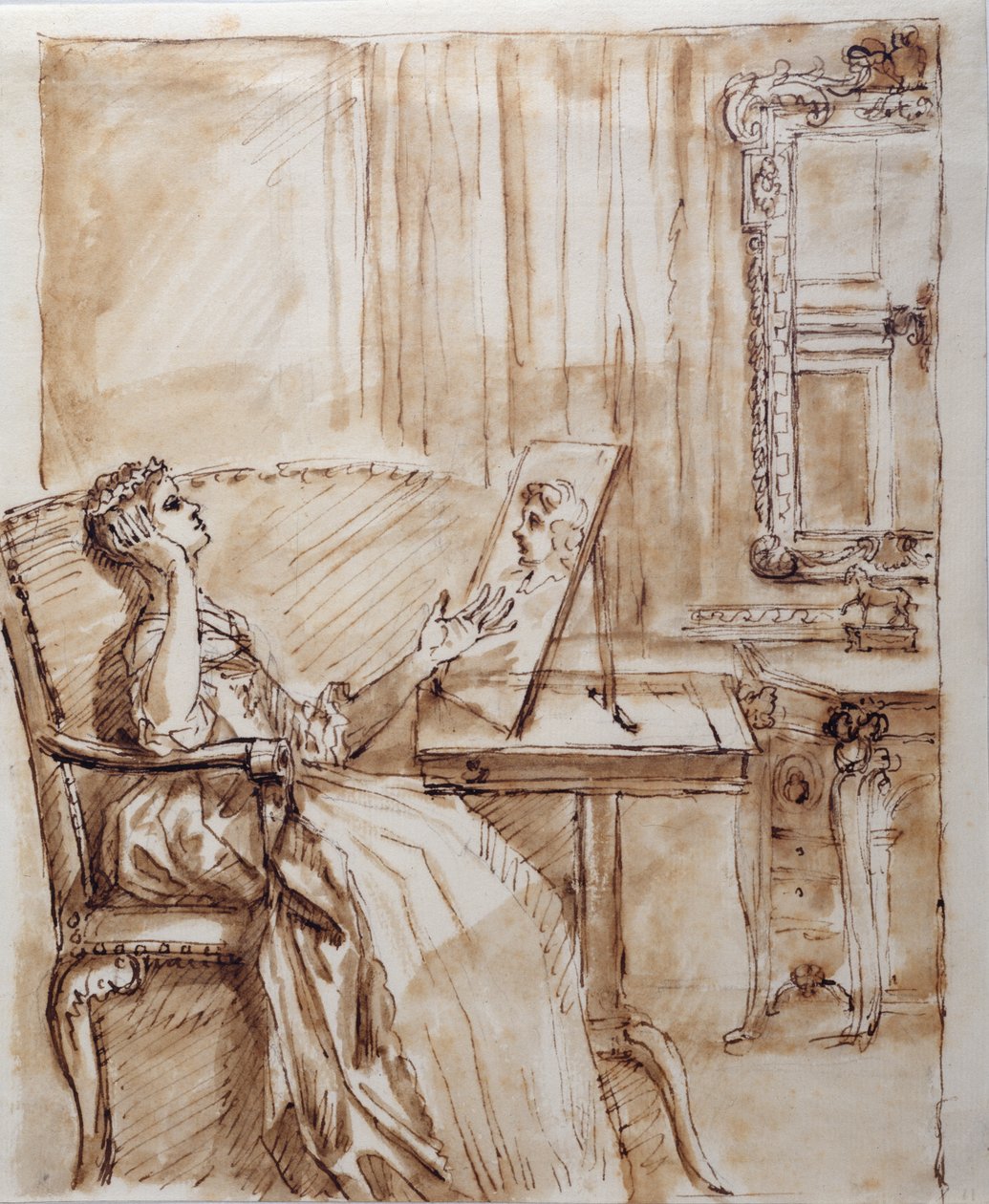 Lady Burlington sitting in her Garden Room admiring an Old Master (?) drawing (pen & ink on paper) بواسطة وليام كينت