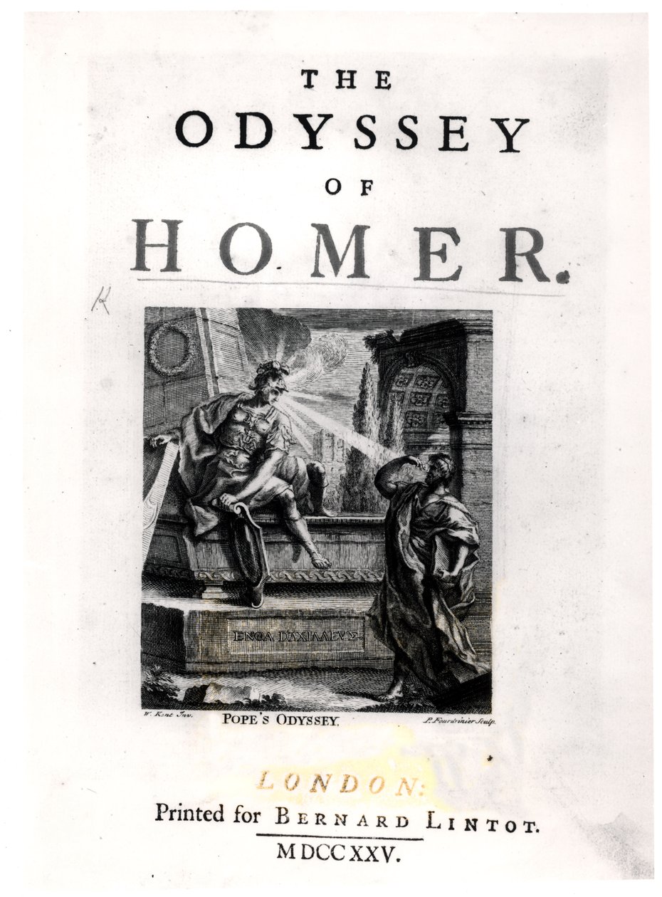 صفحة العنوان لـ "The Odyssey" من تأليف Homer ، محفورة بواسطة Pierre Fourdrinier (fl.1720-60) بواسطة وليام كينت