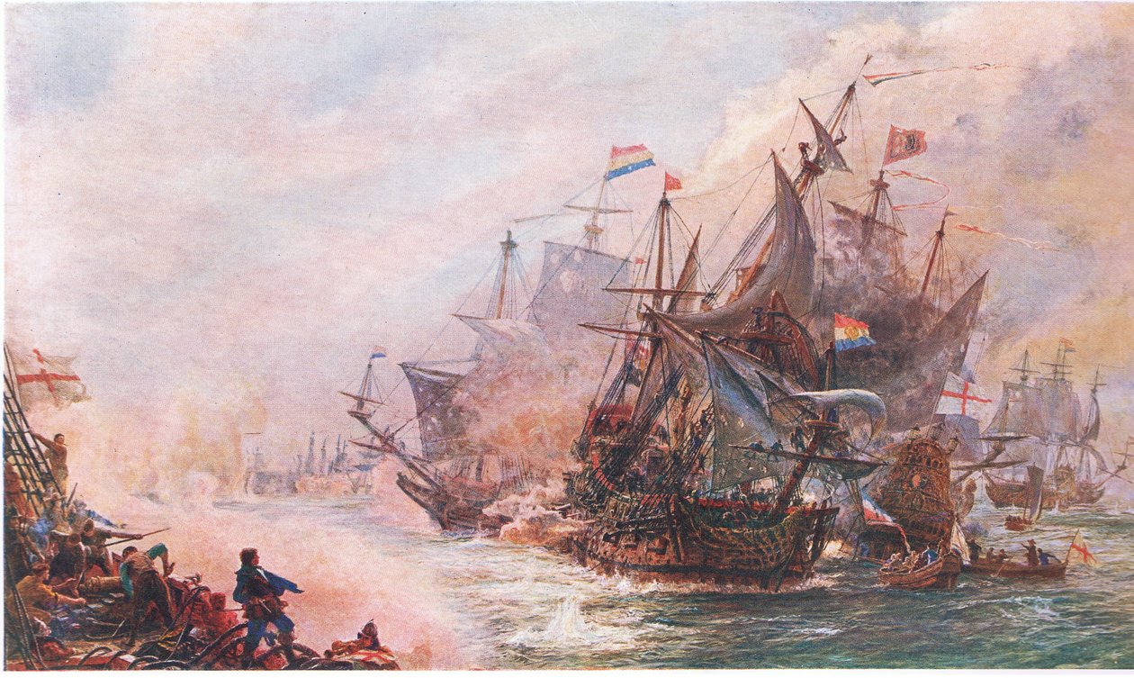 مشاركة Blakes لمدة ثلاثة أيام مع Von Tromp ، من Cassells History of the British People التي نشرتها شركة Waverley Book Company Limited ، c.1940 بواسطة وليام ليونيل ويلي