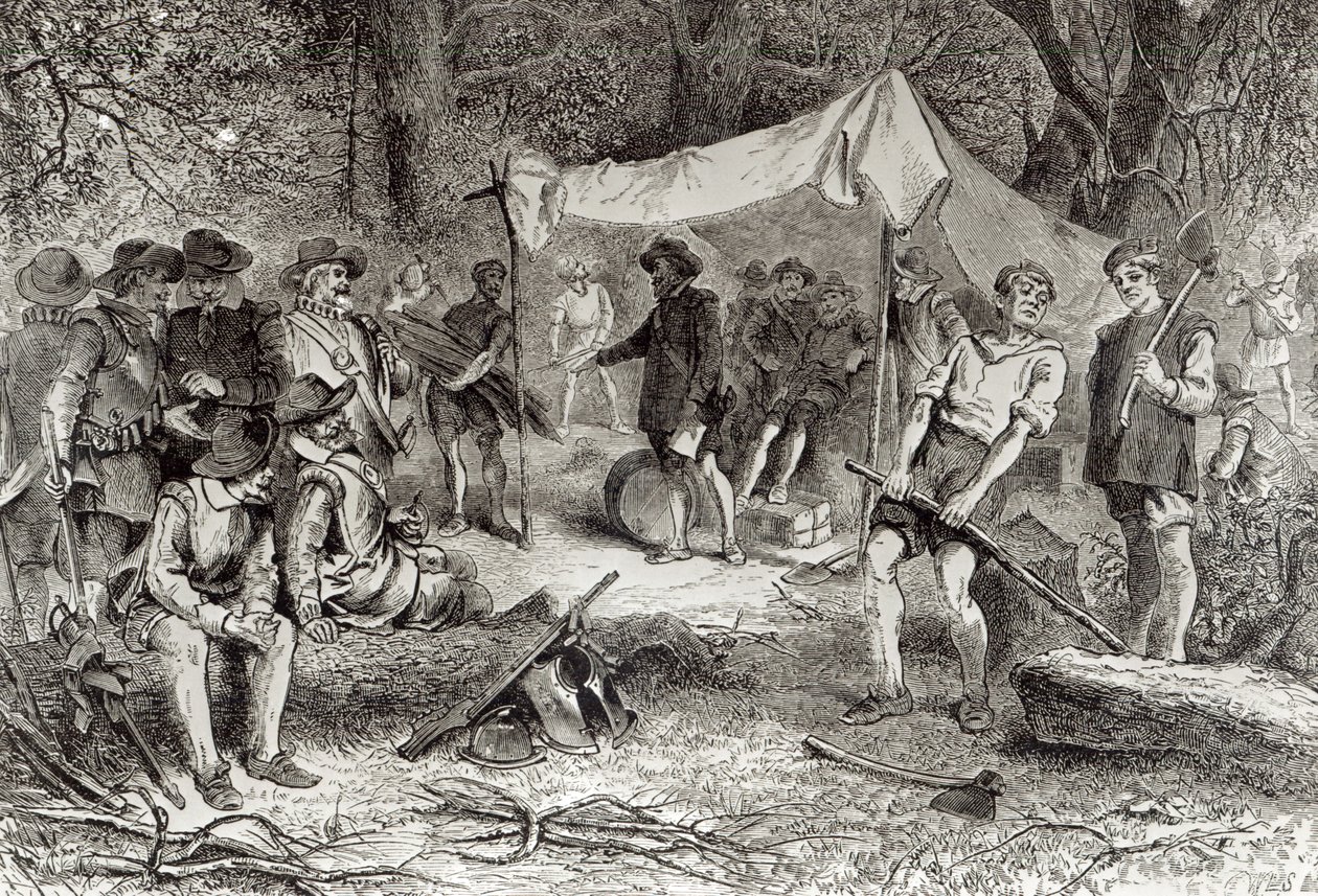 اليوم الأول في جيمستاون ، 14 مايو 1607 ، من "الرومانسية ومأساة الحياة الرائدة" لأغسطس ماسون ، 1883 (النقش) (صورة بوندو) بواسطة وليام لودلو شيبرد