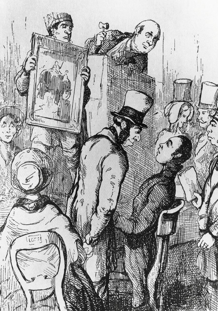 فيل للبيع ، رسم توضيحي للفصل السابع عشر من فانيتي فير ، رواية ويليام ميكبيس ثاكيراي (1811-1863) ، نقش بعد الرسم بقلم ويليام ميكبيس ثاكيراي (1811-1863) ، نُشر في شيكاغو عام 1882 بواسطة وليام ماكيبيس ثاكراي