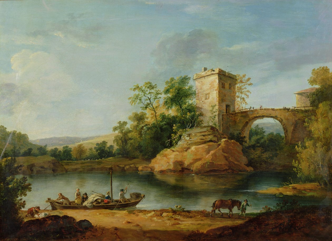 منظر طبيعي لنهر إيطالي مشجر مع فلاحين في بارج وجسر خلفه ، حوالي عام 1770 (ألوان مائية) بواسطة وليام مارلو