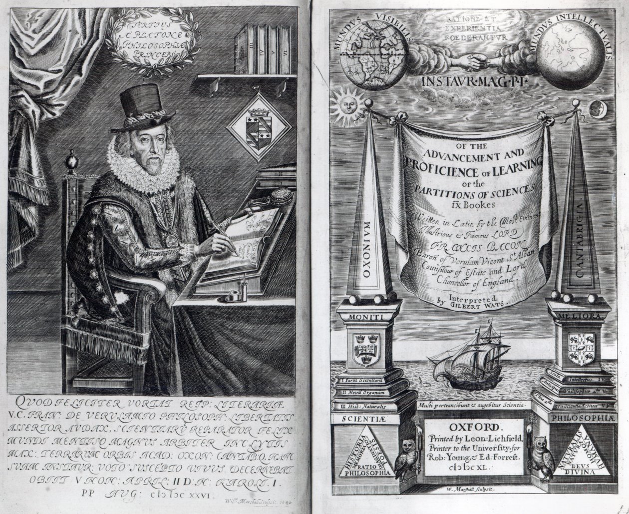صورة في الصفحة وصفحة العنوان من "Instauratio Magna" بقلم فرانسيس بيكون ، 1640 بواسطة وليام مارشال