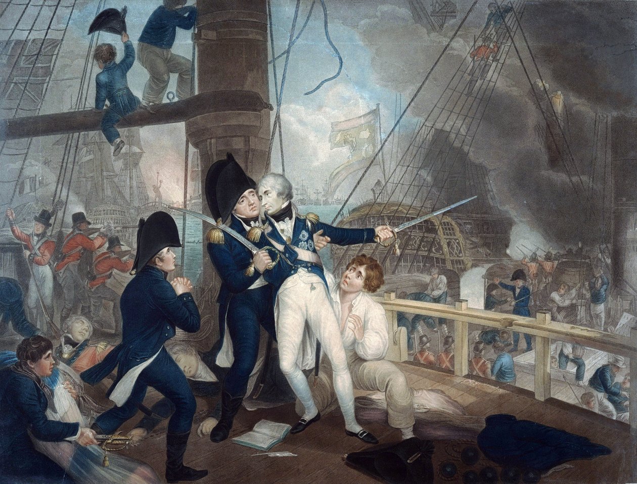 La mort de l'amiral Horatio Nelson (1758-1805) ، a la bataille de Trafalgar - The Battle of Trafalgar and the Death of Nelson - Craig ، William Marshall (حوالي 1765-1827) - 1806 - حفر ، ألوان مائية - 52x61 ، 5 - التحصيل الخاص بواسطة وليام مارشال كريج