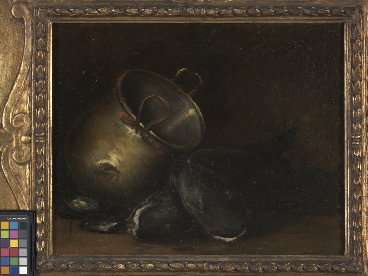 Still Life - غلاية نحاسية وسمك السلور (زيت على قماش) بواسطة وليام ميريت تشيس
