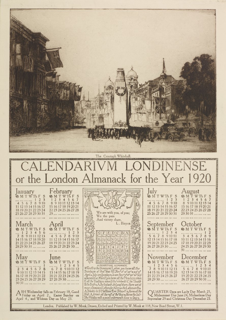 Calendarium Londinense ، أو London Almanack لعام 1920 ، يعلوها منظر Cenotaph ، وايتهول ، 1919 بواسطة وليام مونك
