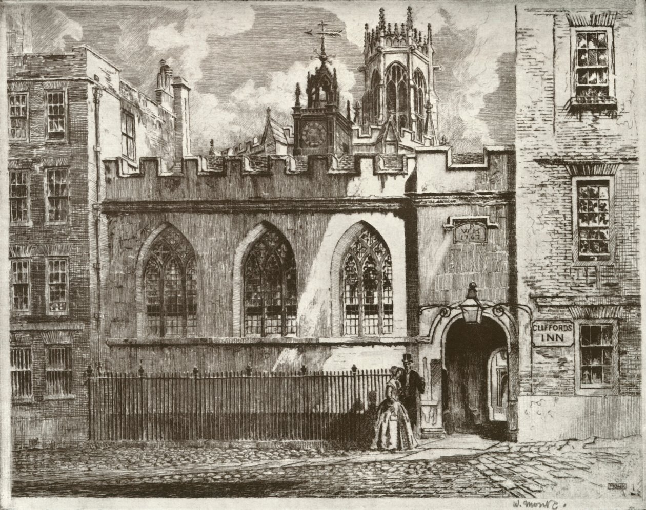Cliffords Inn Hall and Clock Turret ، مع برج الفانوس من St. Clement Danes Beyond ، 1934. بواسطة وليام مونك