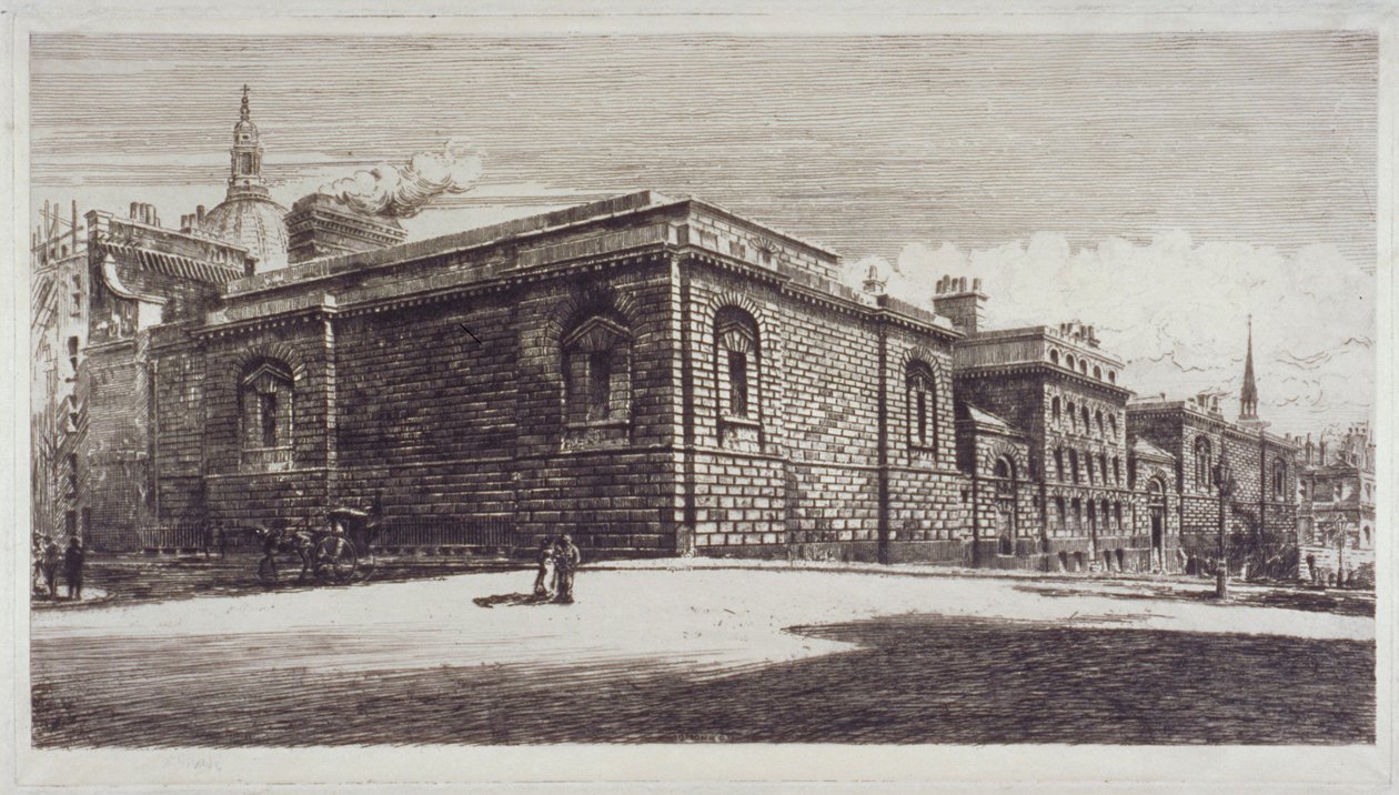 منظر لسجن نيوجيت ، أولد بيلي ، من شارع نيوجيت ، مدينة لندن ، حوالي 1900 بواسطة وليام مونك