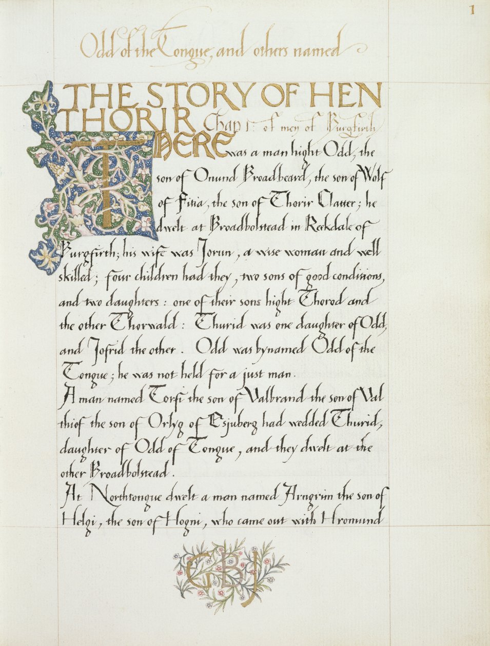 Ms 270 * f.1r قصة Hen Thorir، c.1873-4 (ورق) بواسطة وليام موريس