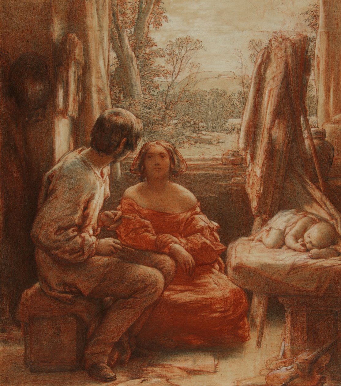 استوديو الفنان ، حوالي عام 1839 (قلم رصاص به طباشير حمراء وبيضاء على ورق) بواسطة وليام مولريدي