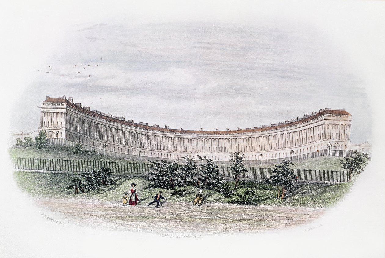 الهلال الملكي ، حمام ، من الحديقة ، نقش جيه شوري ، ج .1840 بواسطة وليام ن. هاردويك من باث