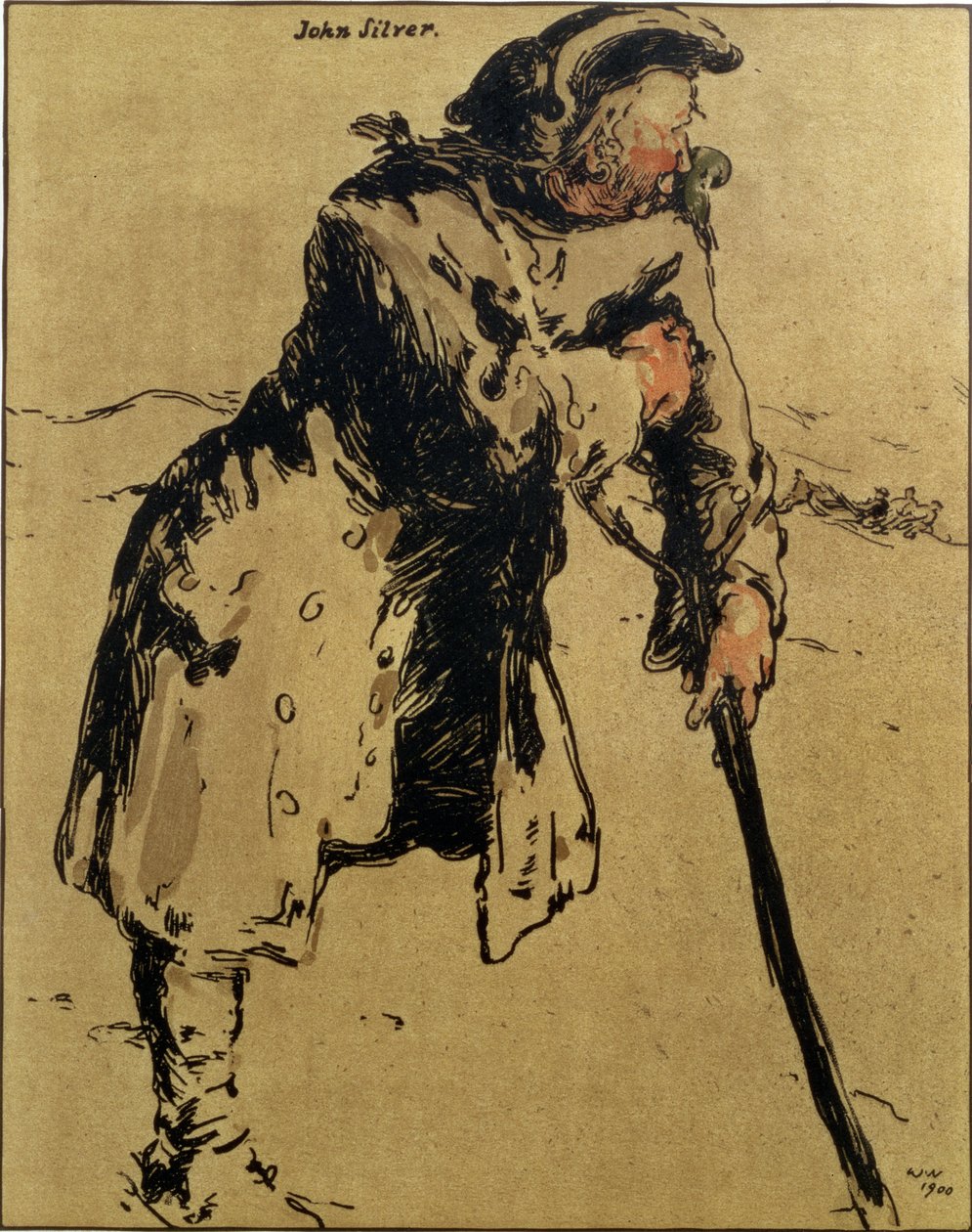جون سيلفر ، رسم توضيحي من "شخصيات الرومانسية" ، نُشر لأول مرة عام 1900 (لون ليثو) بواسطة وليام نيكلسون