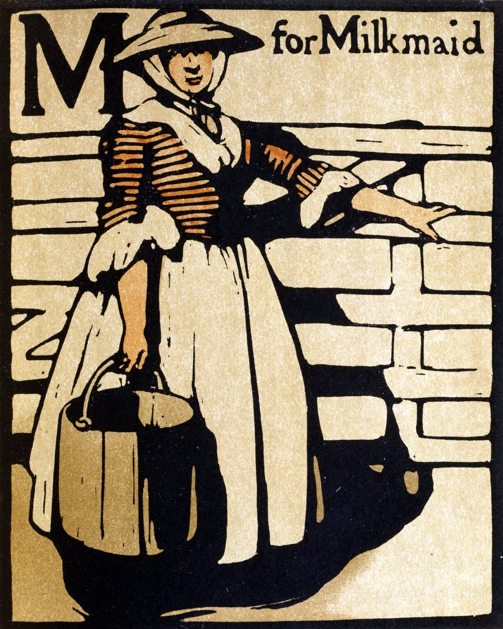 M لـ Milkmaid ، رسم توضيحي من "An Alphabet" ، نشره William Heinemann بواسطة وليام نيكلسون