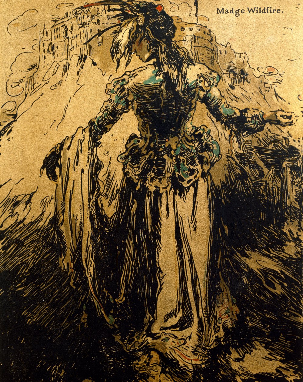 Madge Wildfire ، رسم توضيحي من "شخصيات الرومانسية" ، نُشر لأول مرة عام 1900 (لون ليثو) بواسطة وليام نيكلسون