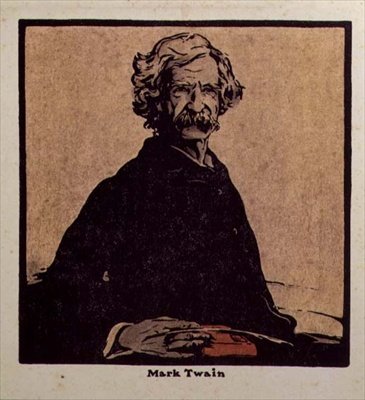 رسم توضيحي لمارك توين (1835-1910) من "اثنا عشر صورة شخصية" ، نُشر عام 1899 (قالب خشبي ملون يدويًا) بواسطة وليام نيكلسون