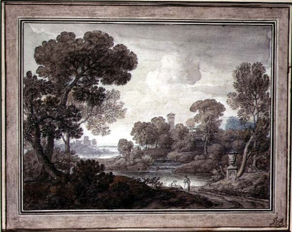 منظر طبيعي كلاسيكي ، حوالي عام 1770 (قلم حبر وألوان مائية على ورق) بواسطة وليام أورام