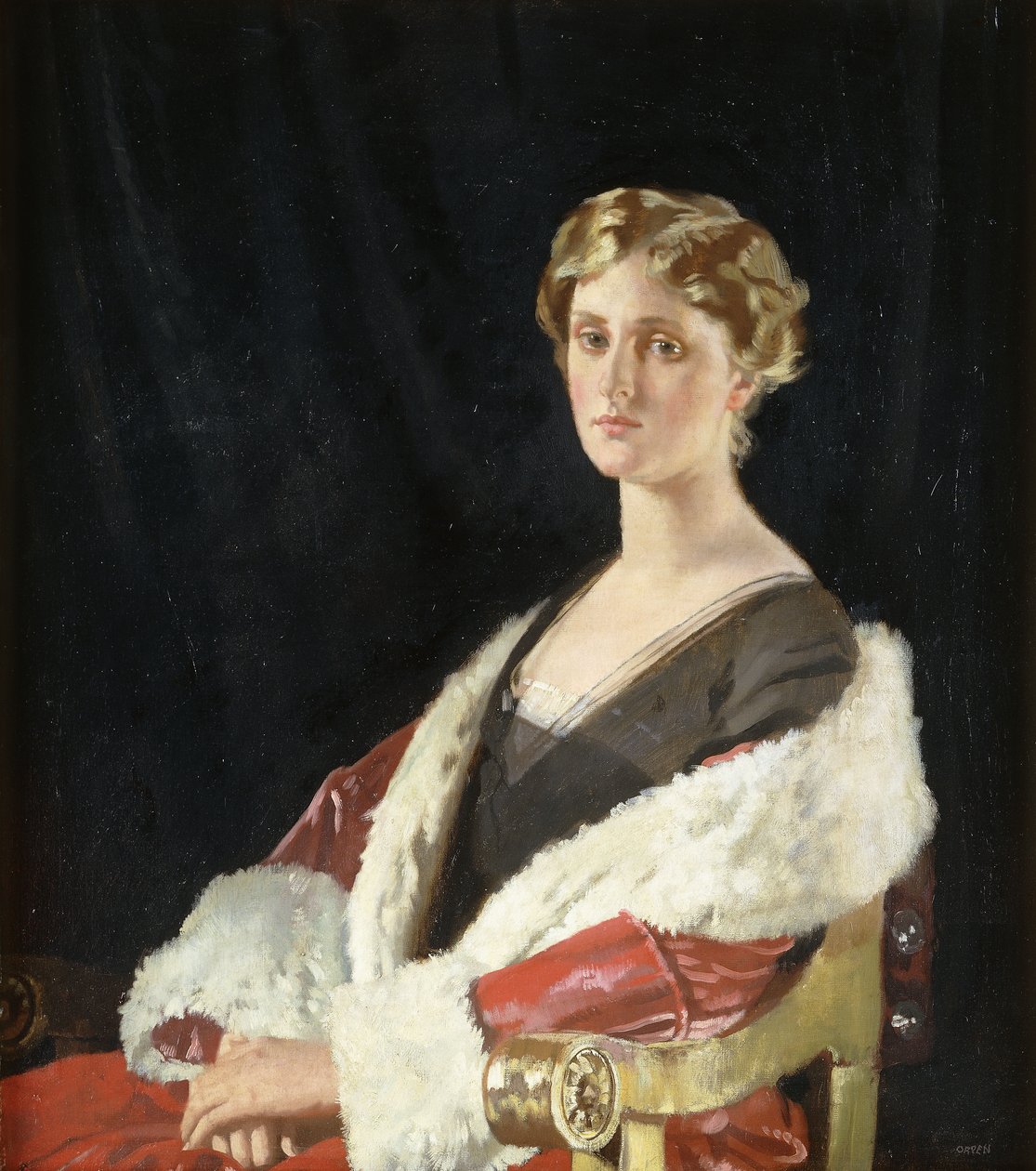 صورة لنانسي أوزوالد سميث ، جالسة نصف الطول ، في معطف أحمر مبطن بالفرو ، 1915 بواسطة وليام أوربن