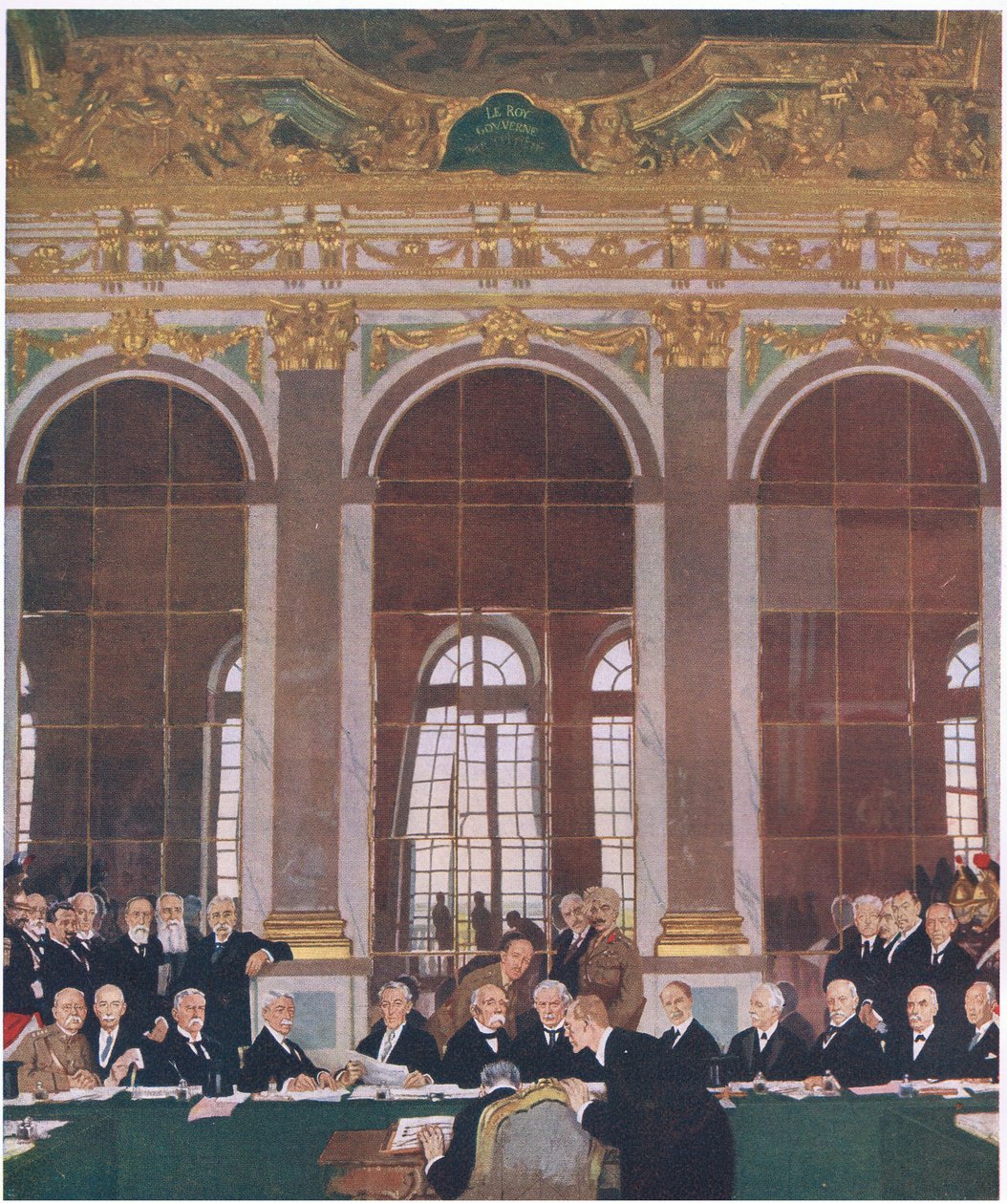 توقيع السلام في قاعة المرايا ، قصر فرساي ، 28 يونيو 1919 ، من Cassells History of the British People التي نشرتها شركة Waverley Book Company Limited ، c.1940 بواسطة وليام أوربن